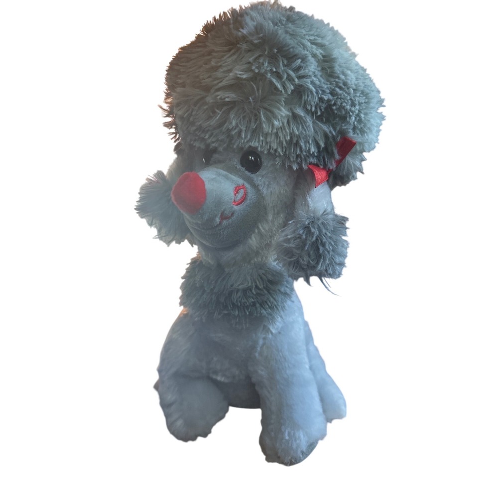 Homerbest‎ Gray grey Poodle Plush Stuffed Animal Red Bows kiss Dog Toy
